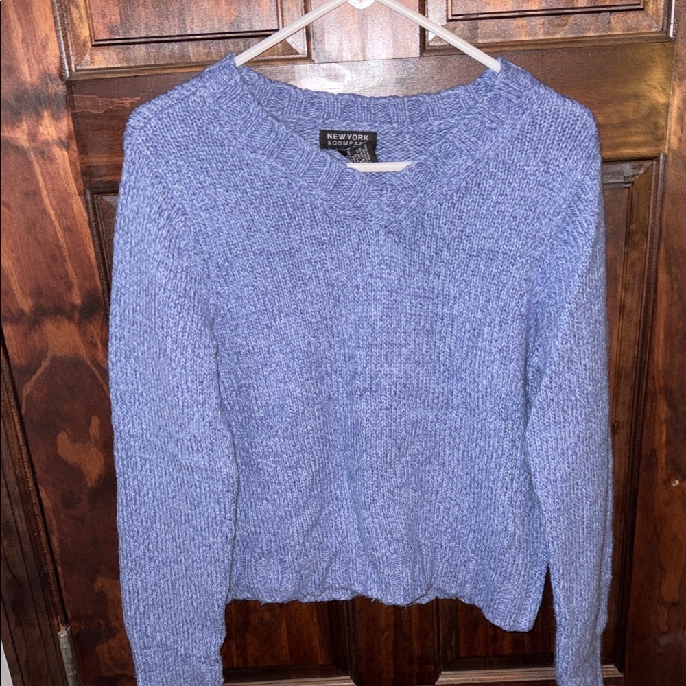 New York & Company Heather Blue V-Neck Sweater